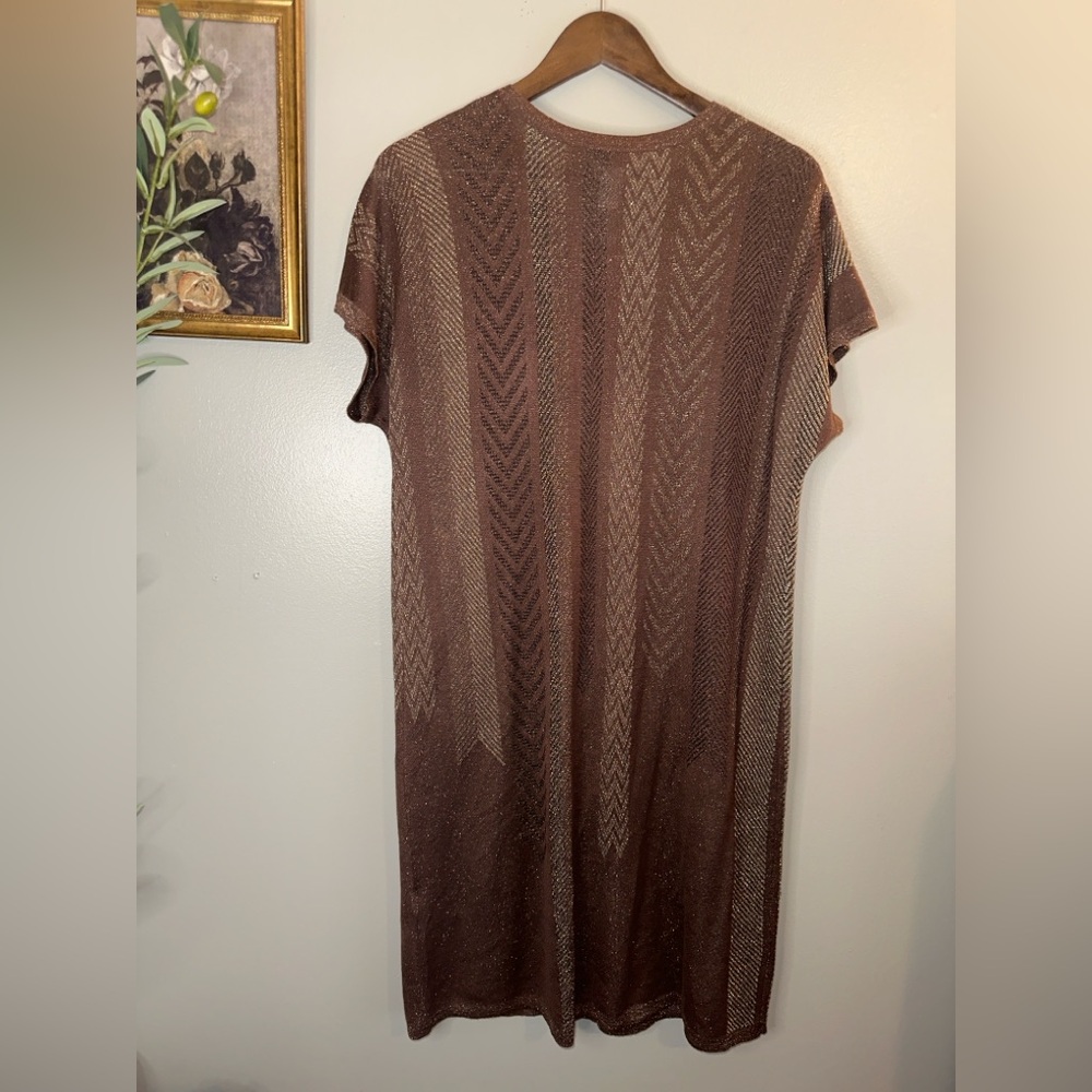 Chico’s Size 2 Brown Metallic Open Knit Long Duster Cardigan Boho Shimmer - Picture 7 of 8